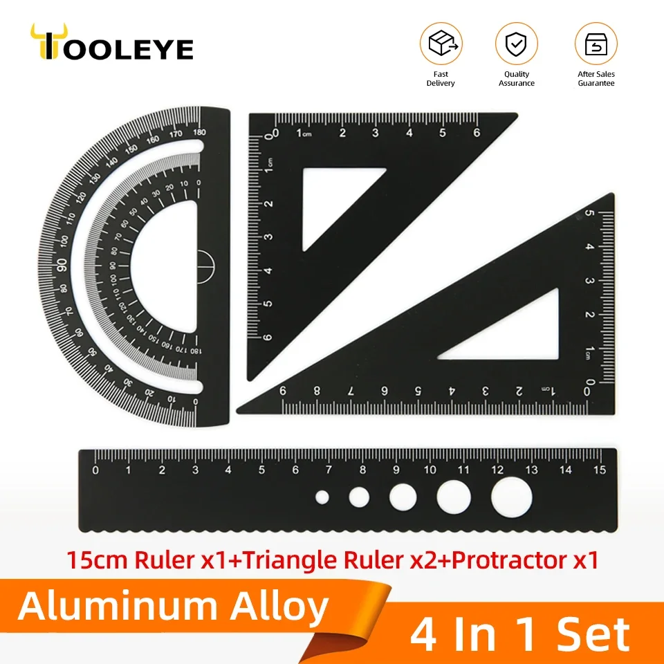 4 in 1 Metal Ruler Aluminum Alloy Angle Ruler Protractor Triangle Ruler Multifunctional Measuring Tools Set Square Goniometer