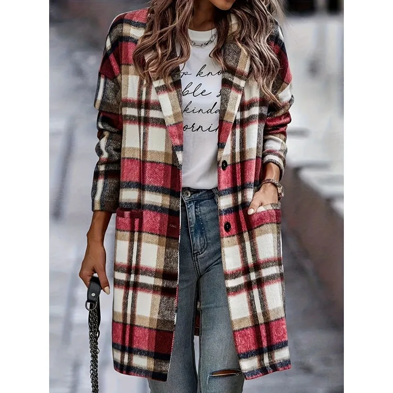 2023 New Autumn and Winter Fashion Woolen Coat Plush Plaid Mid Length Coat Temperament Commuter Women's English Style Coat