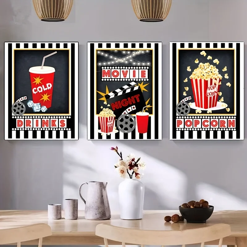 Juego de 3 carteles en lienzo con tema de película, palomitas de maíz, malvavisco, diseños de bebidas frías, arte de pared de orientación de retrato sin marco para Cinem