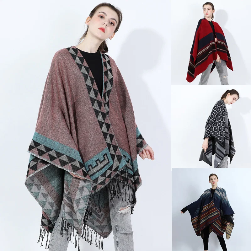 New Poncho Capes Women Winter Scarf Shawl Ladies Vintage Plaid Blanket Knit Wrap Cashmere Female Stripe Poncho