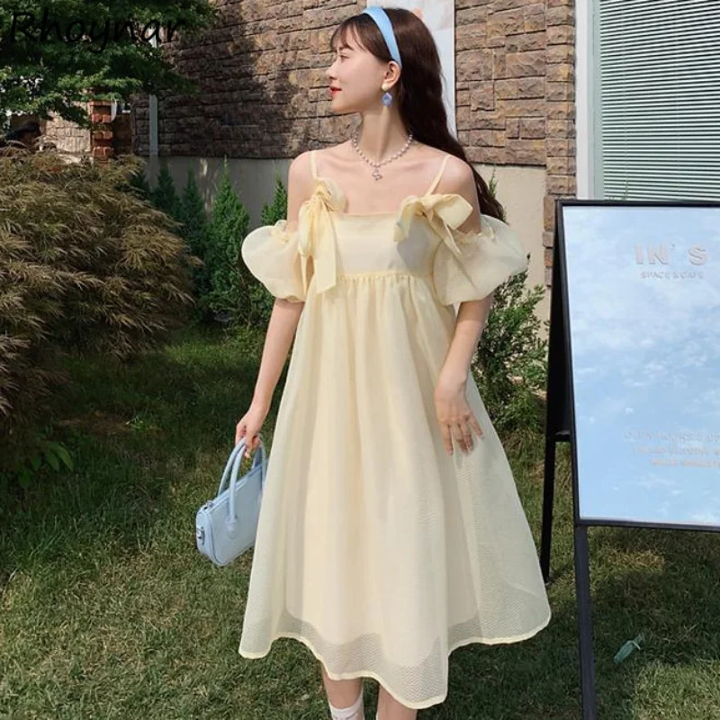 Dress for Women Slash Neck Bow Design Sweet Girlish Fashion Summer Solid Casual Korean Style Daily Hot Sale Vestido Feminino Ins