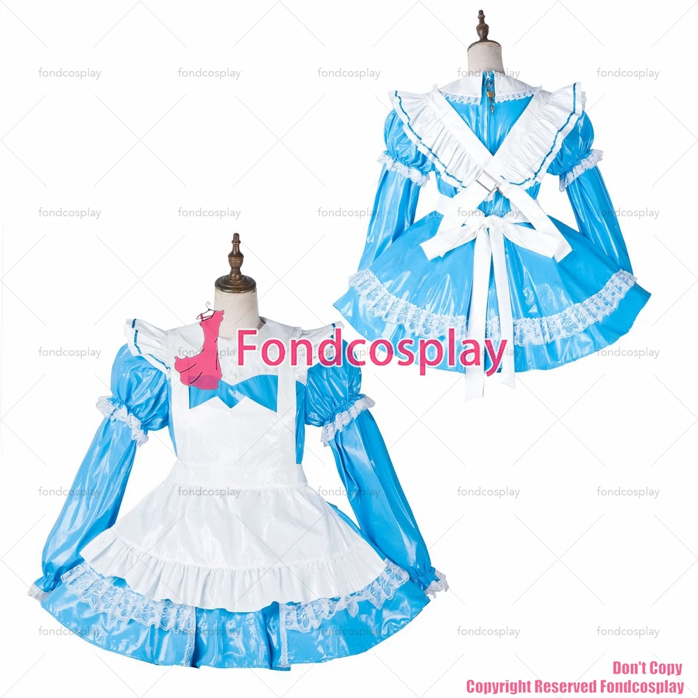 

fondcosplay cross dressing sissy maid short blue thin pvc dress lockable white apron Uniform Peter pan collar CD/TV[G2164]