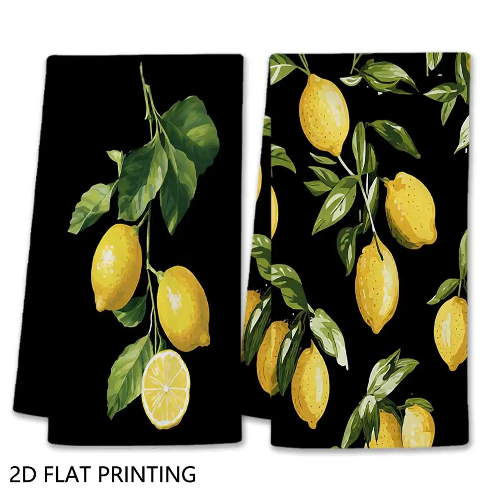 Jit 2pcs Black Background Lemon Fruit Pattern Dish Towels For Home Kitchen Summer Decor