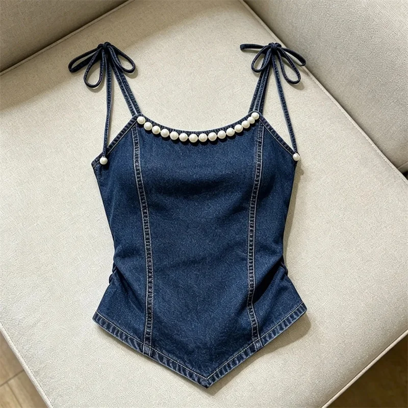 Women's Vest Tank Top Temperament Sexy Nail Bead Cowboy Strap Vest 2026 Summer New Irregular Fashion Off Shoulder T-shirt Top