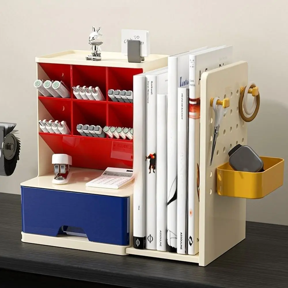 Oblique Design Desktop Pen Holder Large-Capacity Multi Grid Bookend with Drawers Space-Saving Perforated Board Desk Organizer
