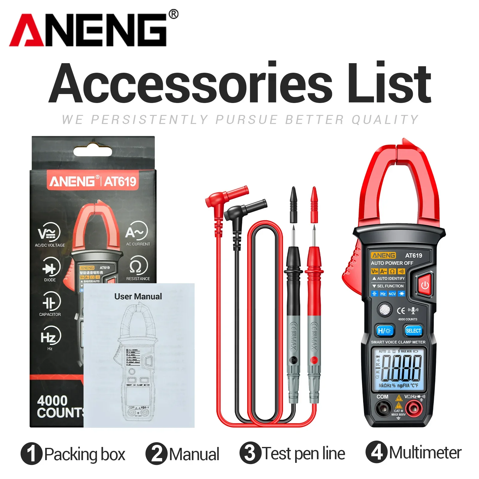 ANENG AT619 Digital Clamp Meter Voice Broadcast 4000 Counts NCV AC DC 600V 600A Diode Beep Backlight Auto Off Electrician Tester