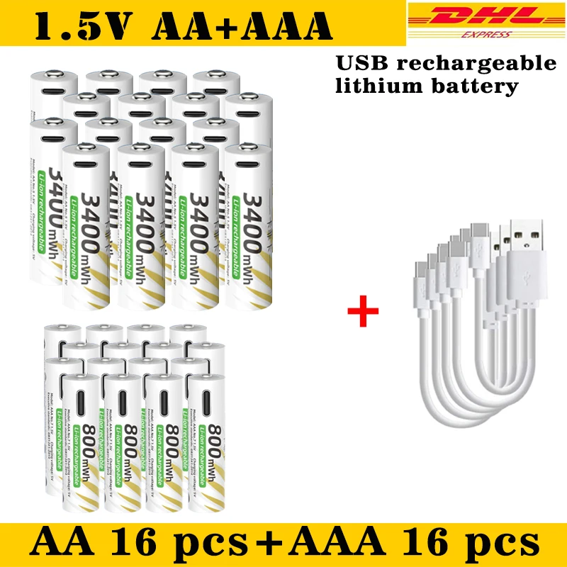 بطاريات ليثيوم أيون AA وAAA قابلة لإعادة الشحن USB ليثيوم أيون 3400mWh 1.5V AA بطارية قابلة للشحن + بطارية 800mWh 1.5V AAA