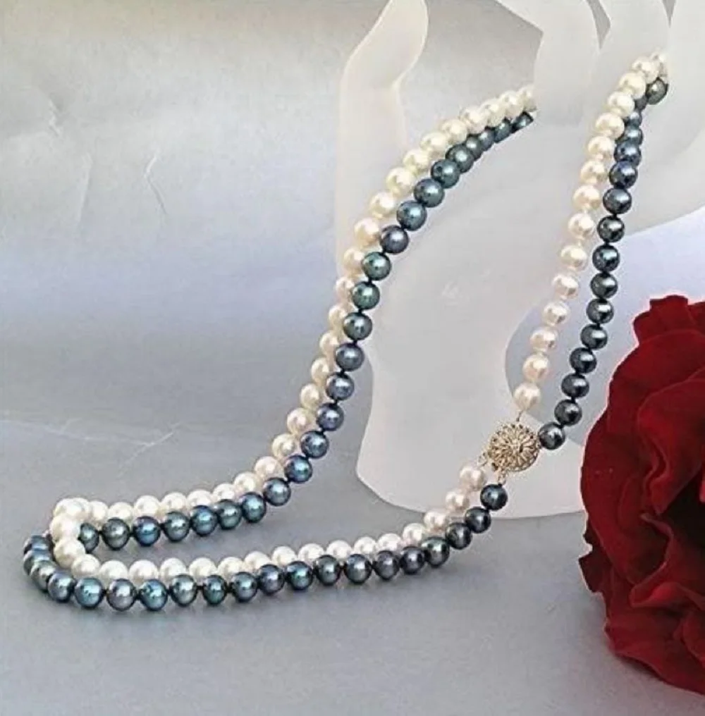 Double Strand True South Sea 8-9mm White Black Pearl Necklace 14K 17 '18' 9-10mm 10-11mm