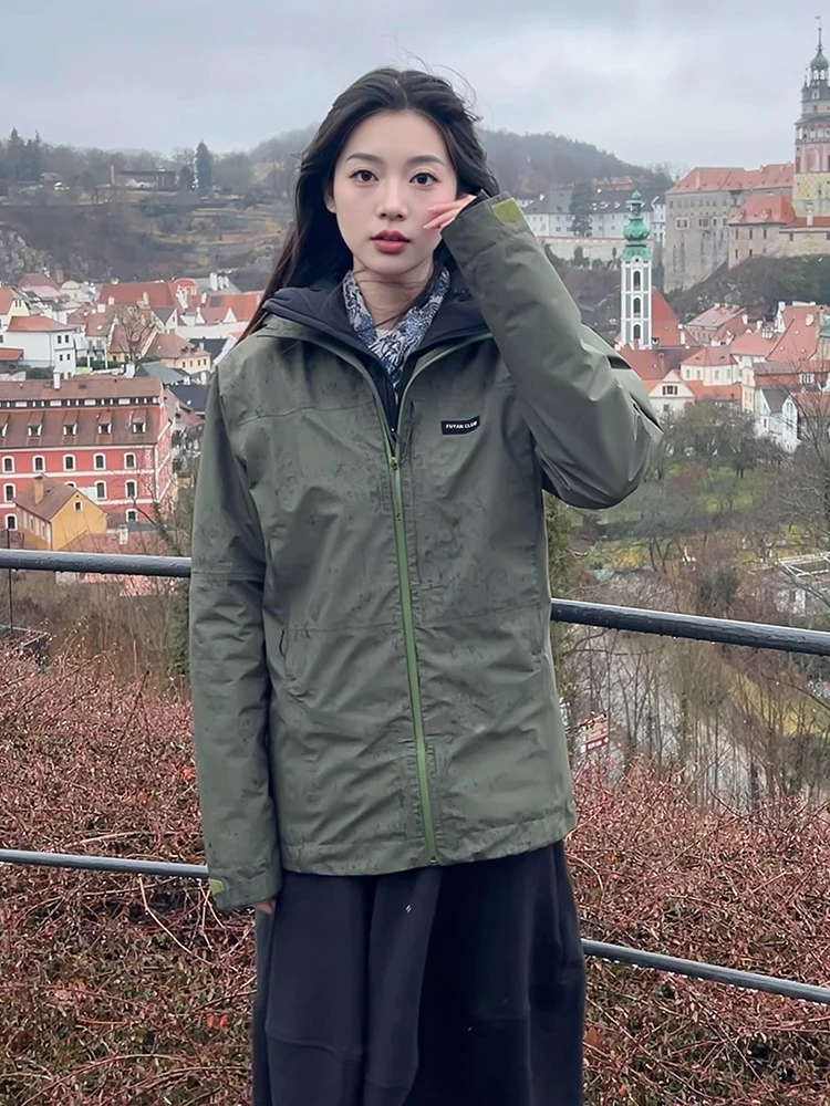 

Куртка Fuyuan Green Outdoor женская 2026 года, новая, три в одном, ветрозащитная, водонепроницаемая, для пар, для походов и альпинизма