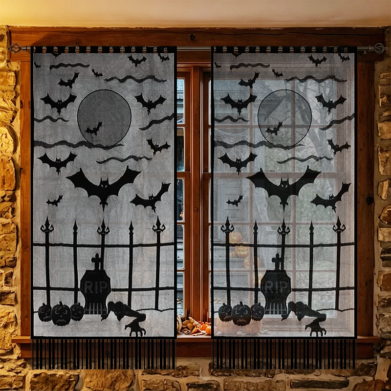 2pcHalloween Bat Cemetery Curtains, in dark gothic style, with retro fringed bottom hem, suitable for Halloween party decoration