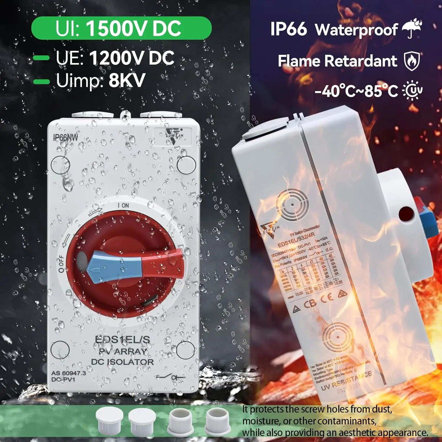 Premium 4-Pole 32A DC1500V Solar Disconnect Switch, IP66 Waterproof Red Isolator with Enclosure for Rooftop Solar, RV and Boat