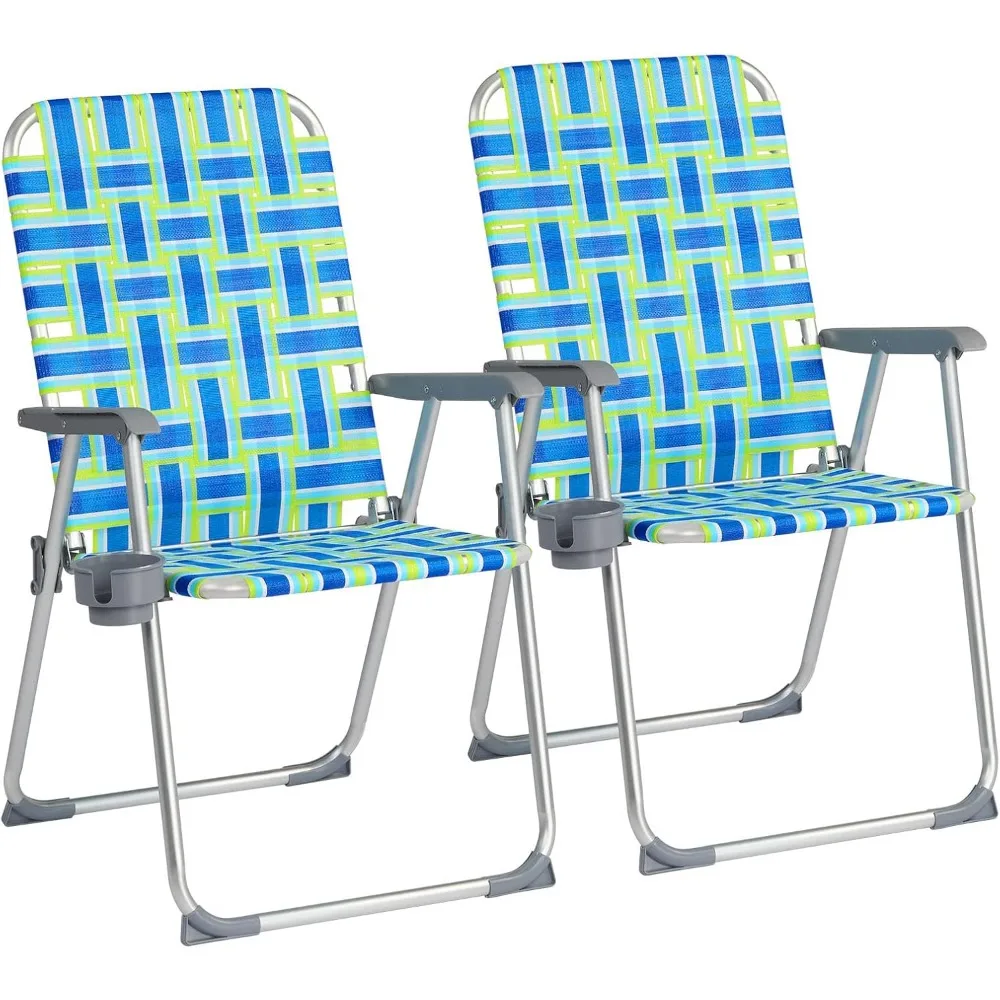 

Aluminum Patio Lawn Chairs Folding Set of 2 with Detachable Cup Holder, Webbed Beach Chair Folding Chair Outdoor Portable Campi