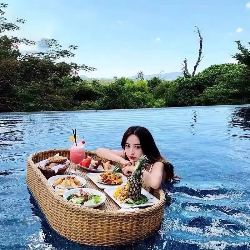 Outdoor Bali Swimming Pool Floating Breakfast Tray Water Rattan Basket Hotel Bed and Breakfast Creative Rattan Tray