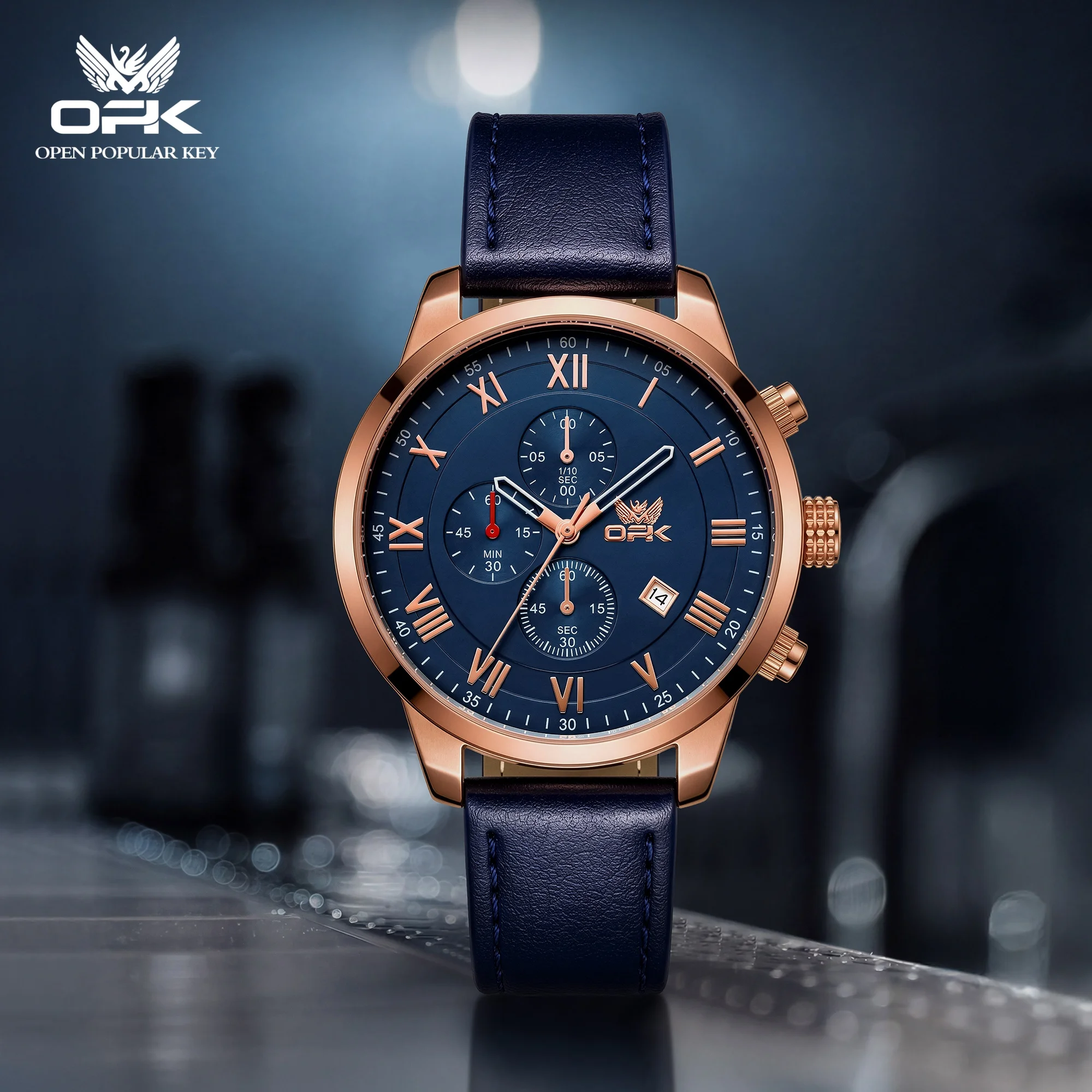 OPK 6099 Quartz Watch For Men Chronograph Multifunction Round Dial Date Display Window Leather Strap 30m Waterproof Watch