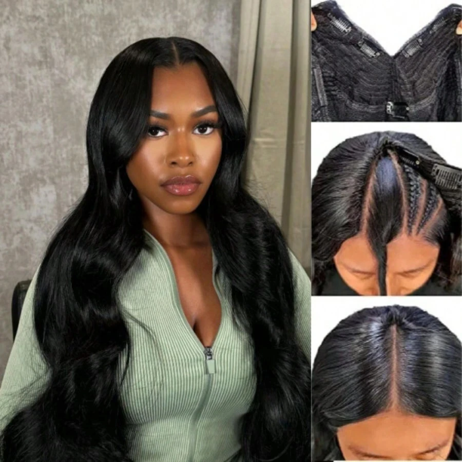 V Part Wig Human Hair Body Wave Glueless Wigs Human Hair Clip In V-Part Wigs Beginner Friendly No-Sew In No Glue Upgrade U Part Human Hair Wig 180% Density Natural Color Wigs