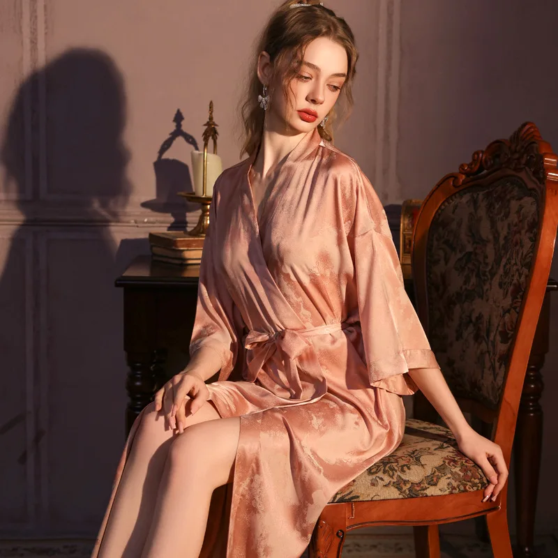Jacquard Butterfly Sexy Dressing Gown Women Summer Elongated Ice Silk Thin Spring Fall Long-sleeved Bathrobe Pajamas Female