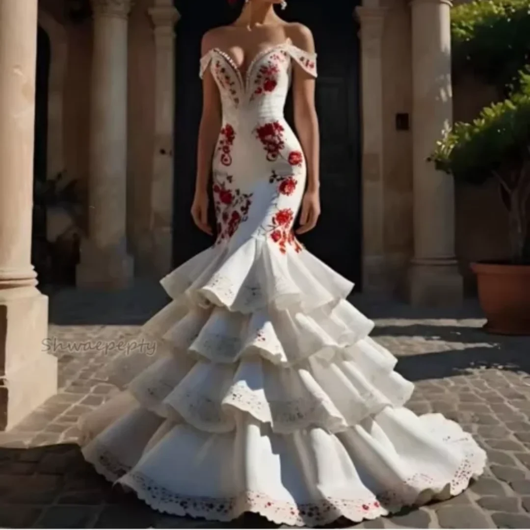 Volantes escalonados blanco y rojo baile España recepción vestido de fiesta Apliques de encaje vestidos de noche de sirena Flamenco personalizados