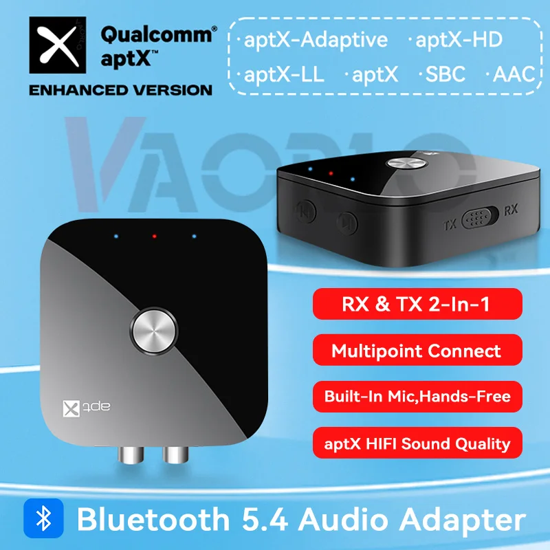 APTX Bluetooth5.4 Audio Transmitter Receiver aptX-Adaptive/HD/LL 3.5MM AUX Multipoint 2in1 Wireless Adapter Hifi Stereo With Mic