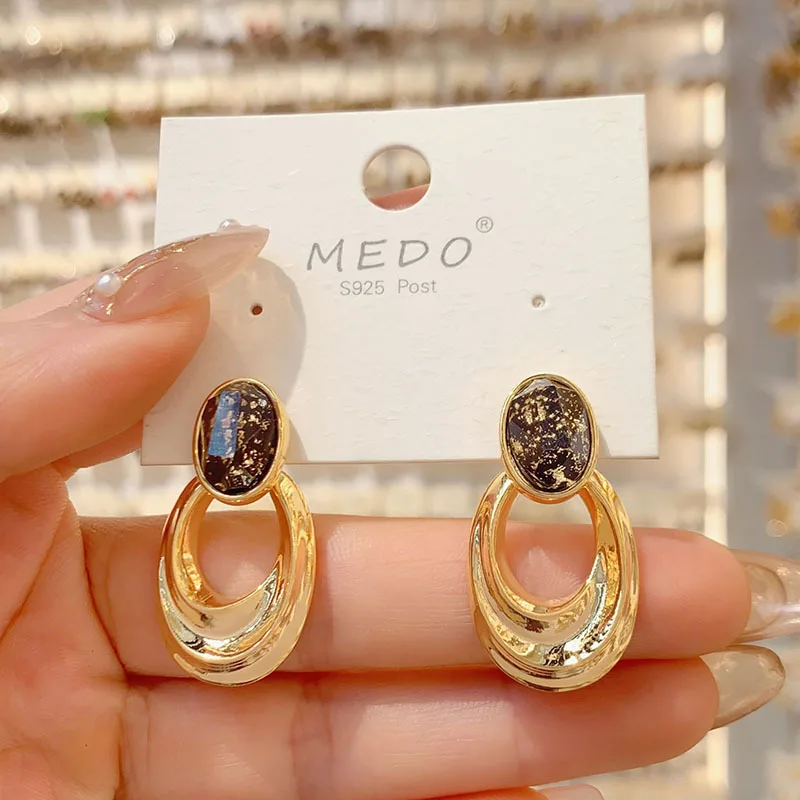 Vintage Black Gold Foil Oval Double Hoop Dangle Earrings 18K Gold Plated S925 Post for Women Wedding Party Daily Wear