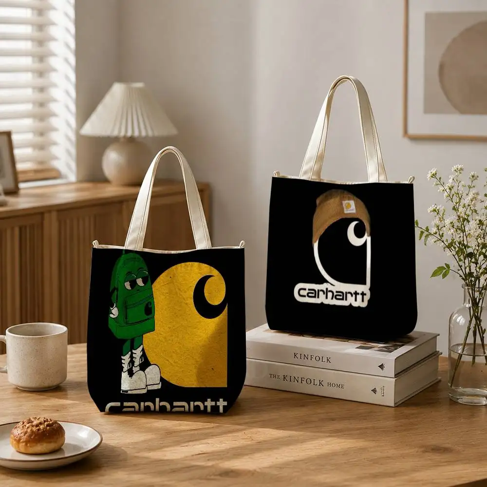 Carhartt Logo L-Leather Tote Bag for Women Reusable Shopping Tote Bag Zippered Shoulder Bags Print