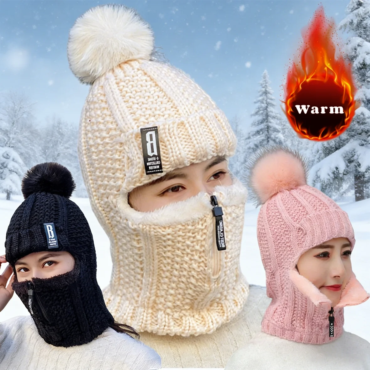 

Зимний толстый вязаный шарф на молнии, шапка унисекс, теплая Балаклава, уличная лыжная мотоциклетная велосипедная ветрозащитная теплая маска, шапка