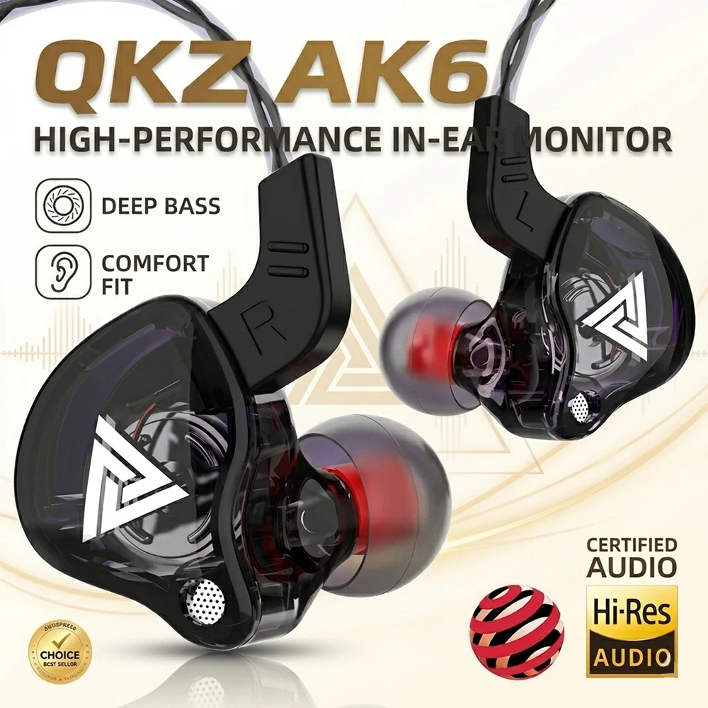 Fones de ouvido originais QKZ AK6 intra-auriculares com 6 drivers dinâmicos, com microfone, estéreo, esportivos, HIFI, subwoofer, monitor de áudio.
