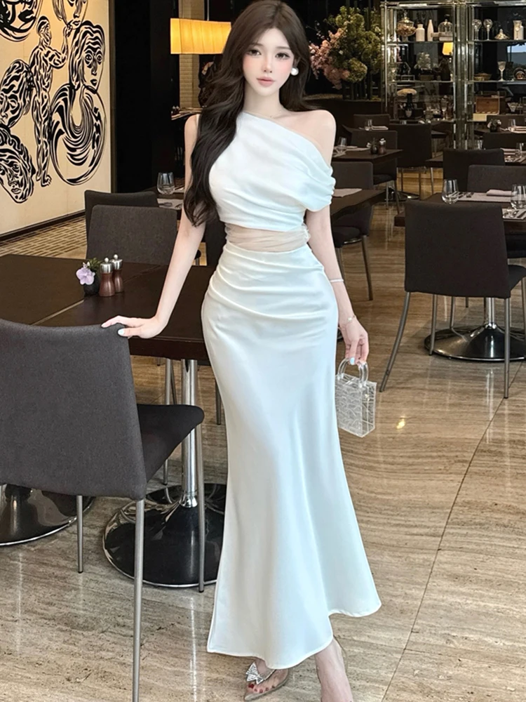 Women Acetate Satin Patchwork Mesh Hollow Out Sexy Dress Summer Elegant Chest Wrapping Dress 2025 Korean Vintage Luxury Vestidos