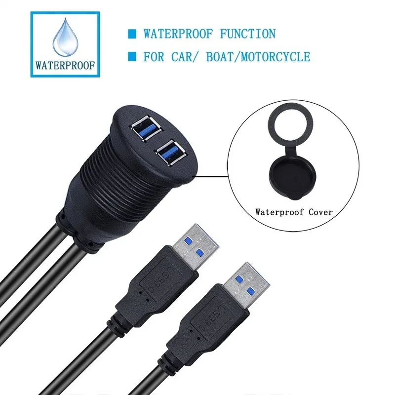 Dual USB 3.0 Male To USB 3.0 Female Extension Cable with Flush Mount Panel for Car Truck Boat Motorcycle