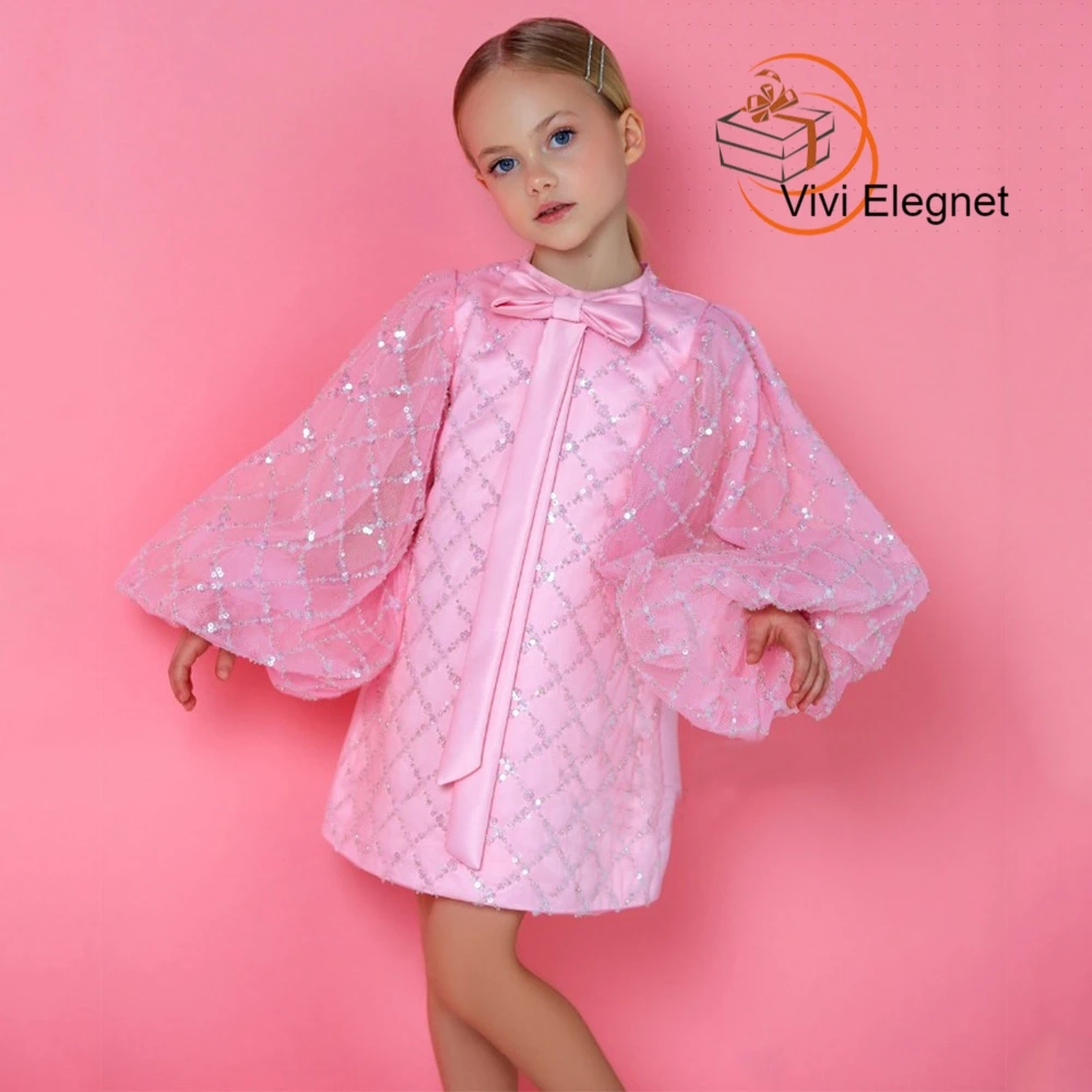 Baby Pink Ankle Length Full Sleeve Flower Girl Dresses with Bow New Arrived Baithday Skirts for Princess فساتين اطفال للعيد2022