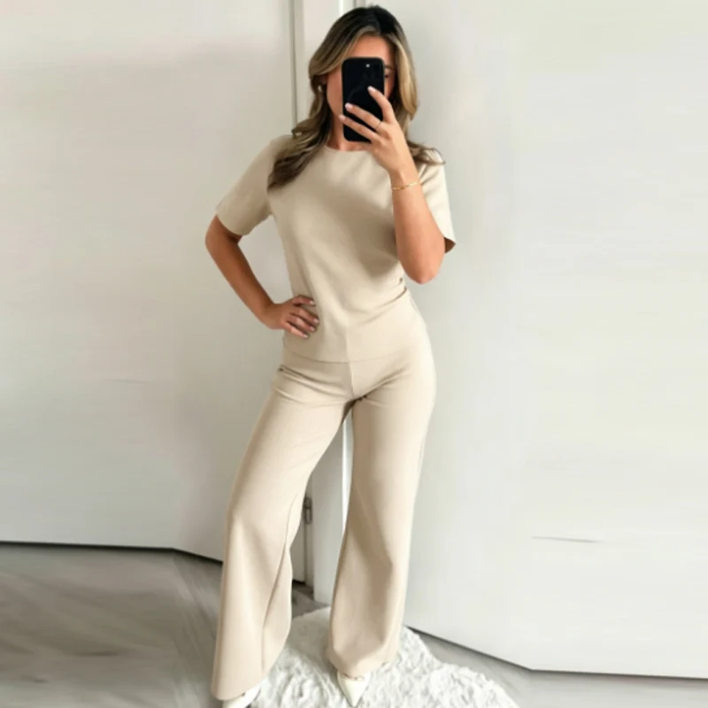 HXAO Weit geschnittenes Hosen-Set für Damen – Sommer 2026 Basic rückenfreies Kurzarm-T-Shirt-Outfit mit schicker, hochtaillierter elastischer Hose – Detail 7