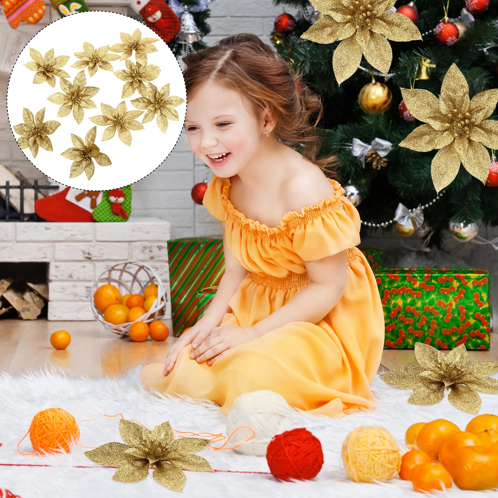 

9 Pcs 16CM Christmas Flower Decoration Premium Quality Flash Powder Party Adornment Home Office Bar Artificial Floral Xmas Tree