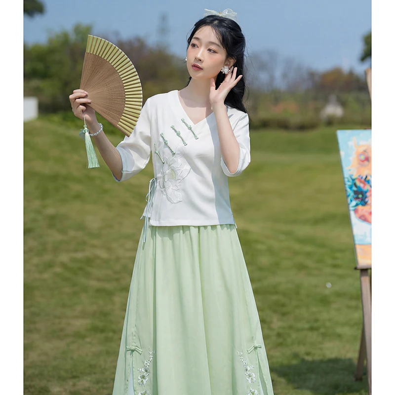 

Spring Summer New Retro Artistic Women's Tea Costume Embroidered V-Neck Top Set Medium Sleeve Ethnic Style Slim Fit Shirt