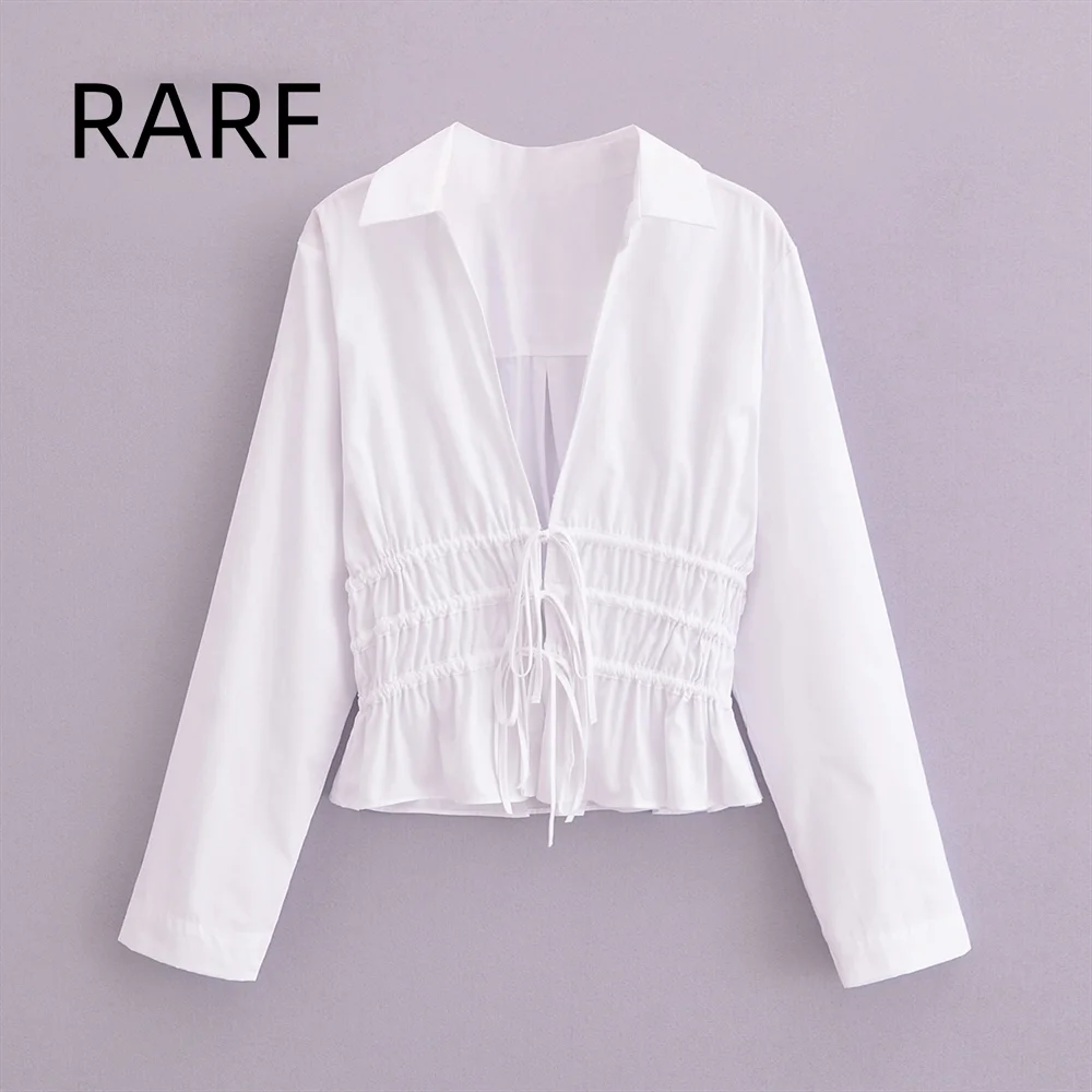 

2024 autumn new women's bow tie tied white lapel casual versatile long sleeved waist cinched shirt