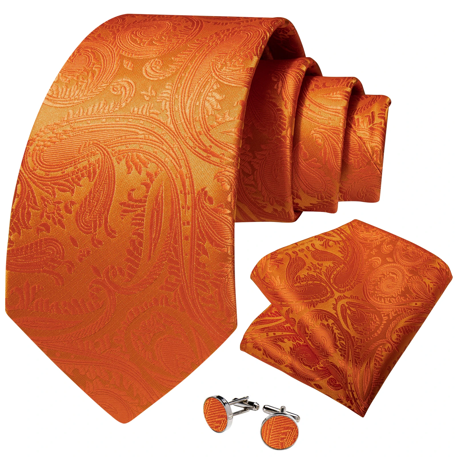 Luxury Orange Paisley Solid Luxury Silk Ties for Men with Handkerchief Cufflinks Tie Tack Chain Business Party Accessories Gift