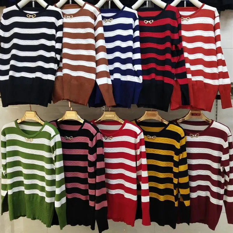 

Women's Loose Knitted Sweater Stripe Pattern round Ne Long Sve ort Sle Commute Spring Faion Boting T-irt