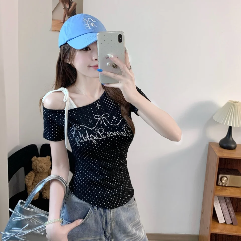 Summer New Pure Desire Diamond Heat Polka Dot Tie Shoulder Splice Short Sleeve Women's Slimming Integrated Chest Pad T-shirt