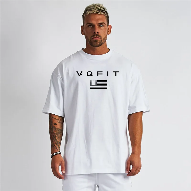 VQFIT American Flag Summer Cotton Oversized Half Sleeve Shirts Mens Gym Fitness Loose Casual Lifestyle T-shirts Hip-Hop Clothing