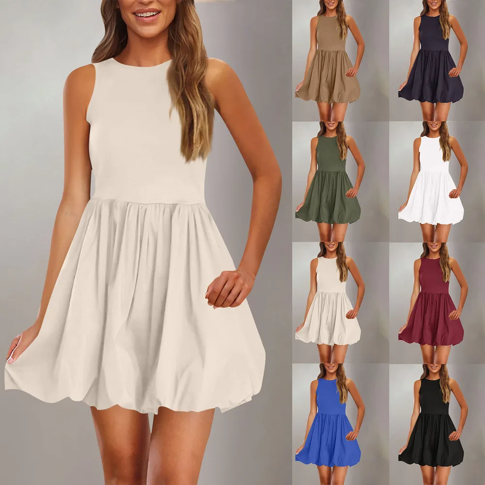 

Fashion 2025 Sleeveless Bubble Hem Dress Solid Color Trim Round Neck Summer Solid Color Casual Dress for Women