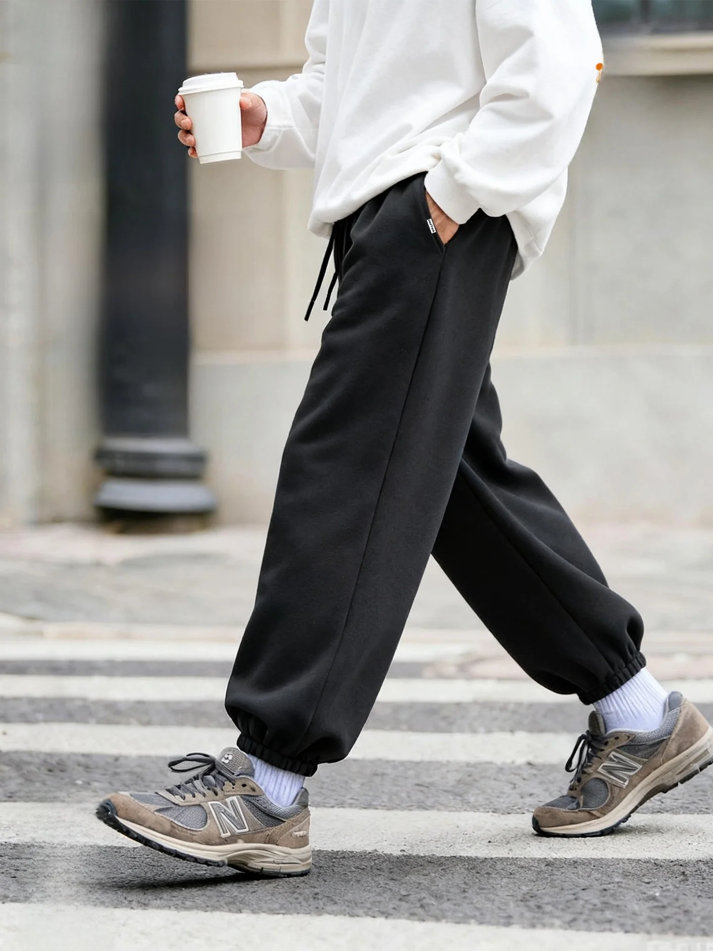 

Men's Fce Lined Thiened Cuffed Sweatpants Loose Casual Long Trousers Autumn Winter Bla Dstring Pants