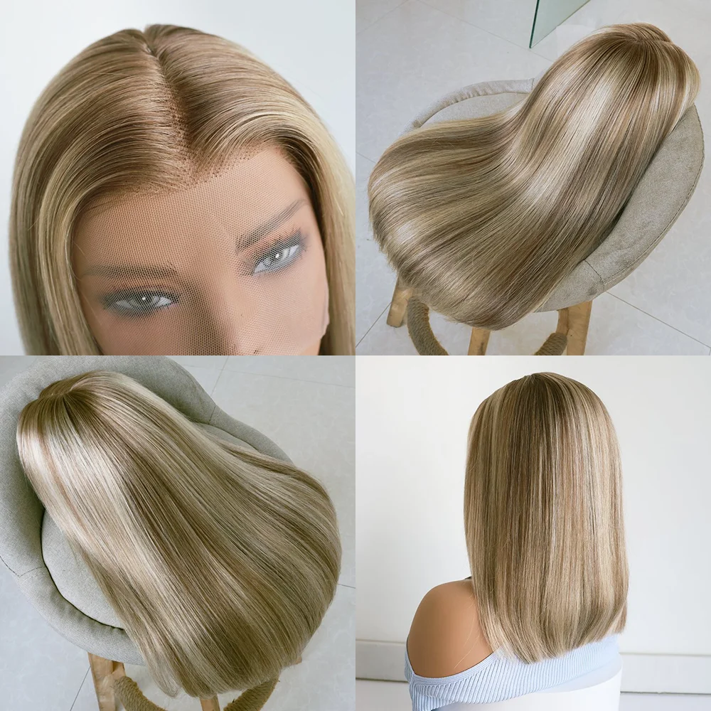 Peluca de cabello humano Rubio ceniza ombré, peluca con malla frontal 13x4, cabello humano resaltado, peluca Bob corto, pelucas de cabello humano con frente de encaje transparente HD