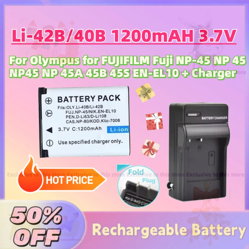 

Fast Shipping Li-42B/40B 1200mAH 3.7V Battery for Olympus for FUJIFILM Fuji NP-45 NP 45 NP45 NP 45A 45B 45S EN-EL10 + Charger