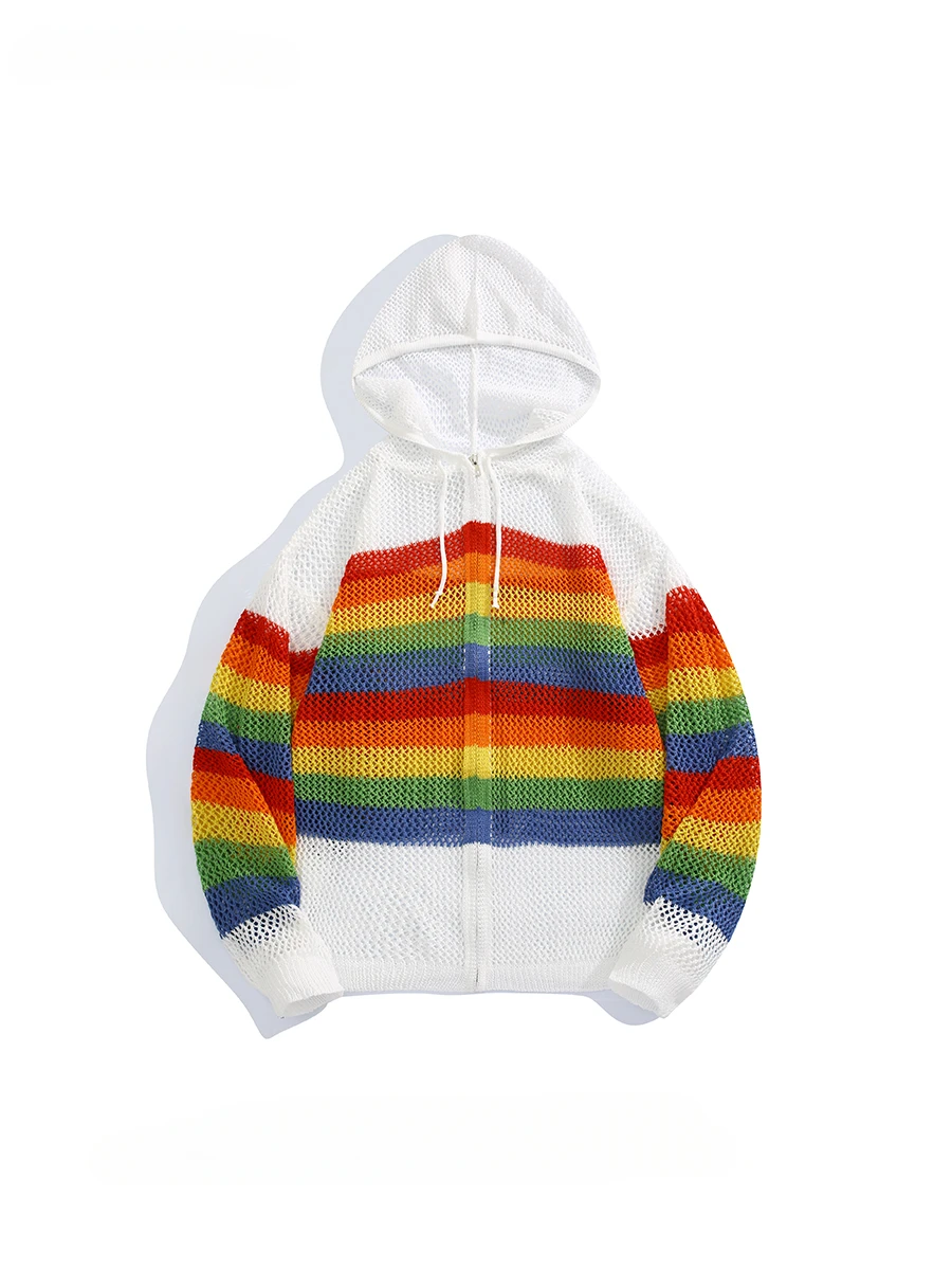 Spring and Autumn Rainbow Striped Hollow Zipper Knitted Cardigan Men's Hooded Long-sleeved Casual Sun Protection Blouse Jackets