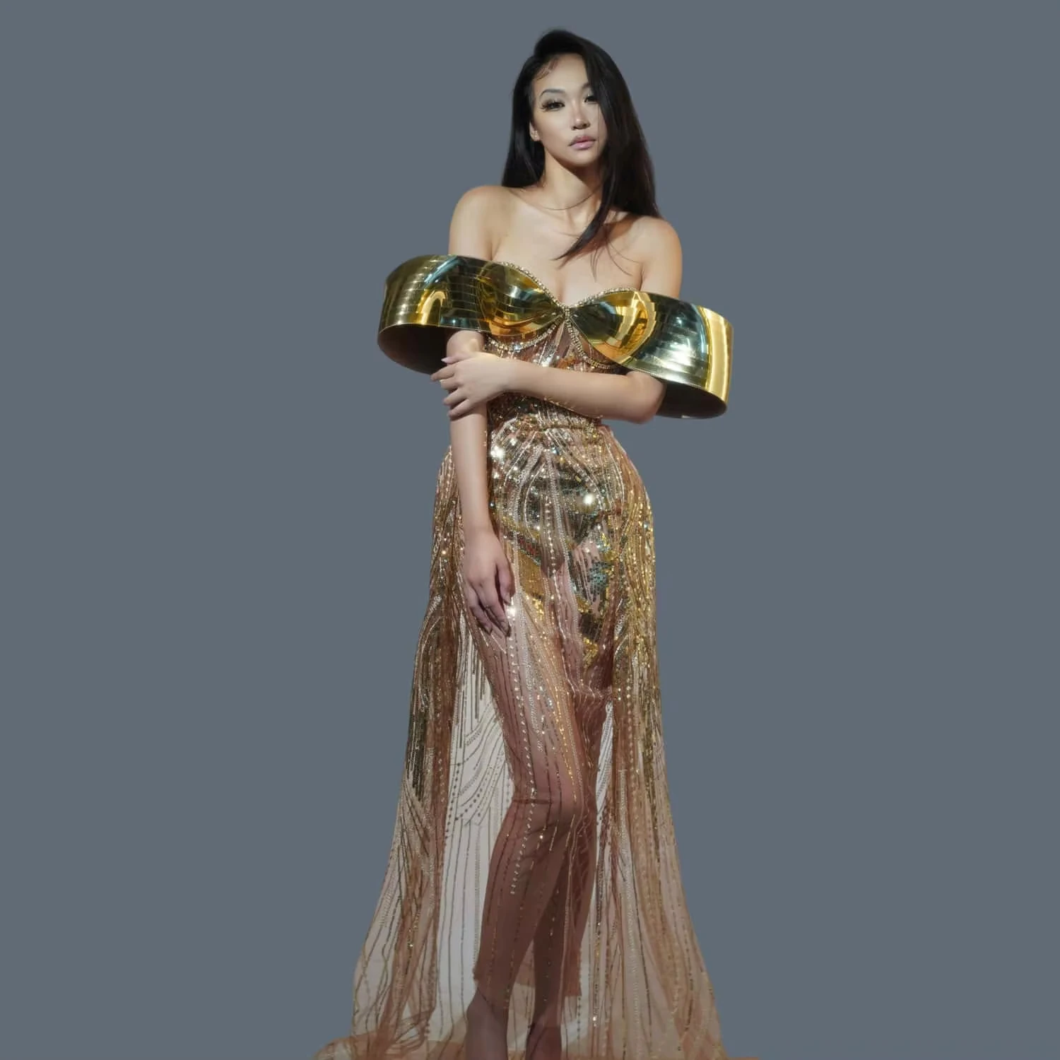 

Sexy Off Shoulder Long Dress Women See Through Mesh Backless Mesh Sequins Night Party Prom Dress Celebrate Evening Gown Qifeifei