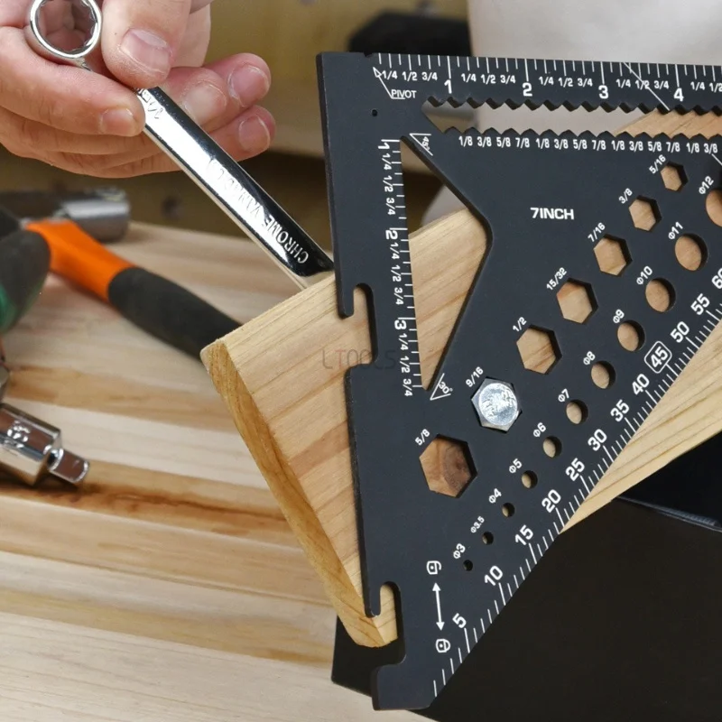Woodworking Triangle Ruler with Auxiliary Clip Detachable Base 7 Inch Aluminum Alloy Metric & Imperial 90°/45° Angle Square Tool