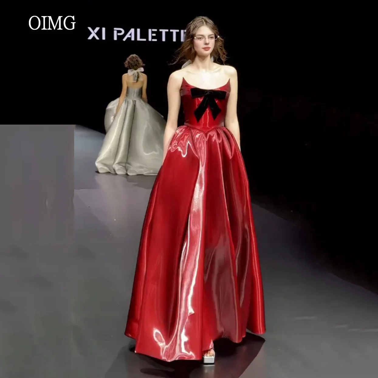 

OIMG Shiny Red A Line Prom Gowns Strapless Black Bow Party Gown Chic Floor Length Evening Dress vestidos de gala Customized