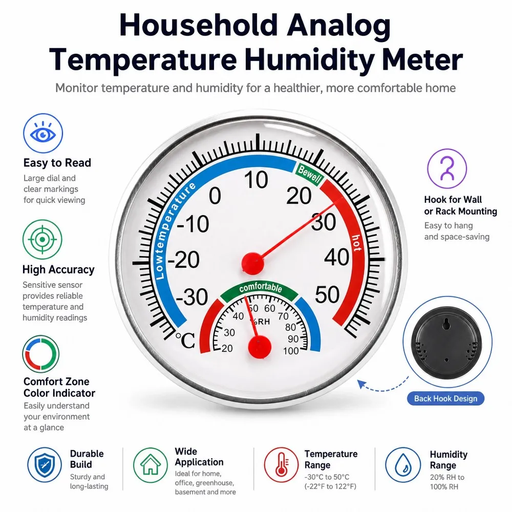 Haushalt Innenraum Luftfeuchtigkeits-Klimagerät Büro Außenbereich Garten Restaurant Messinstrument Thermometer Hygrometer Thermo Analog