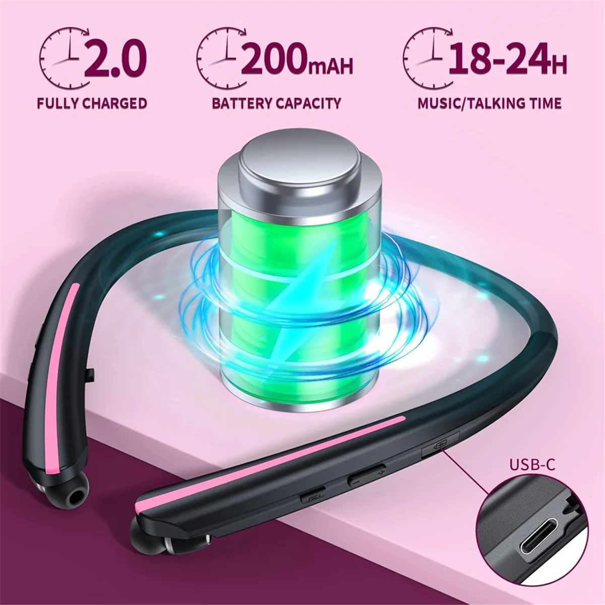 Fones de ouvido sem fio Bluetooth com faixa de pescoço QA88X, fones de ouvido retráteis à prova de suor, fones de ouvido estéreo com cancelamento de ruído