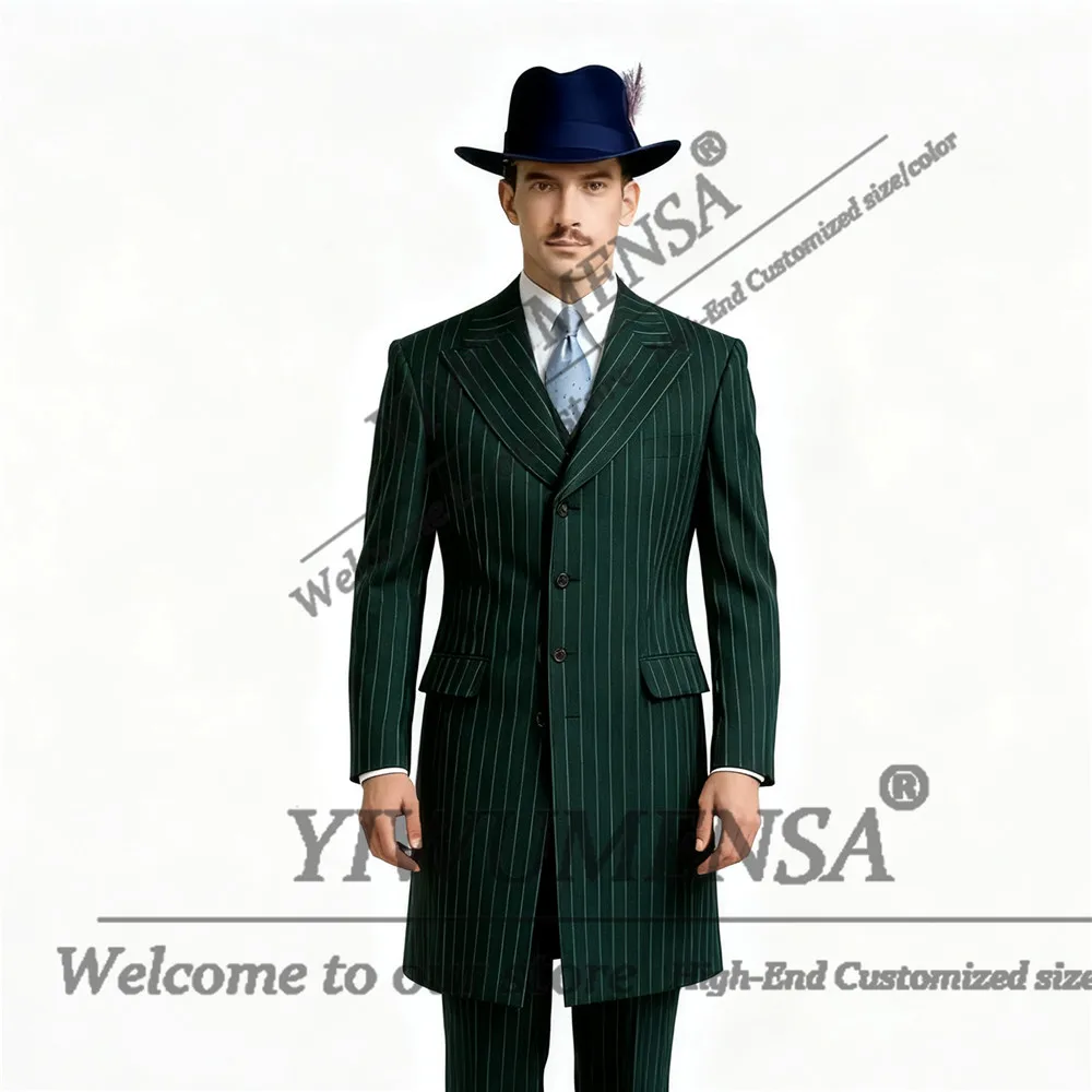 Classic Vertical Striped Suit  Men Long Single Breasted Jacket Pants 2 Pieces Costume Homme British Style Prom Blazers Outfits