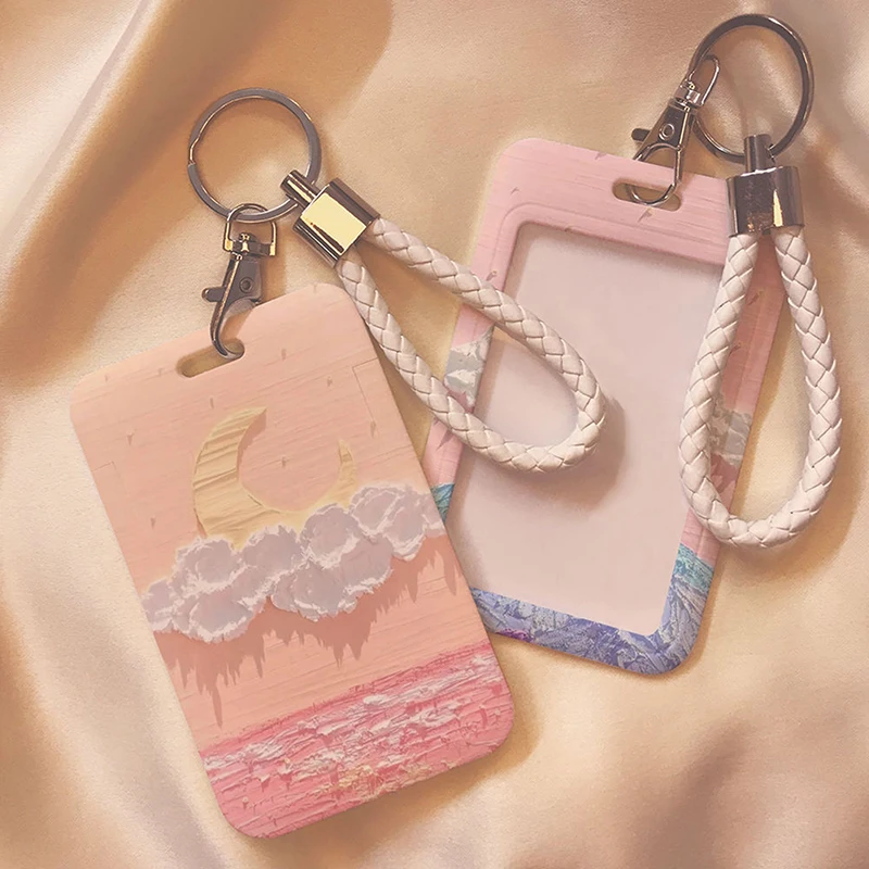 Cute Oil Painting Sunset Flowers Credit Card Holder With Keyring Cartoon Bank ID Bus Card Cover Badge Business Card Case