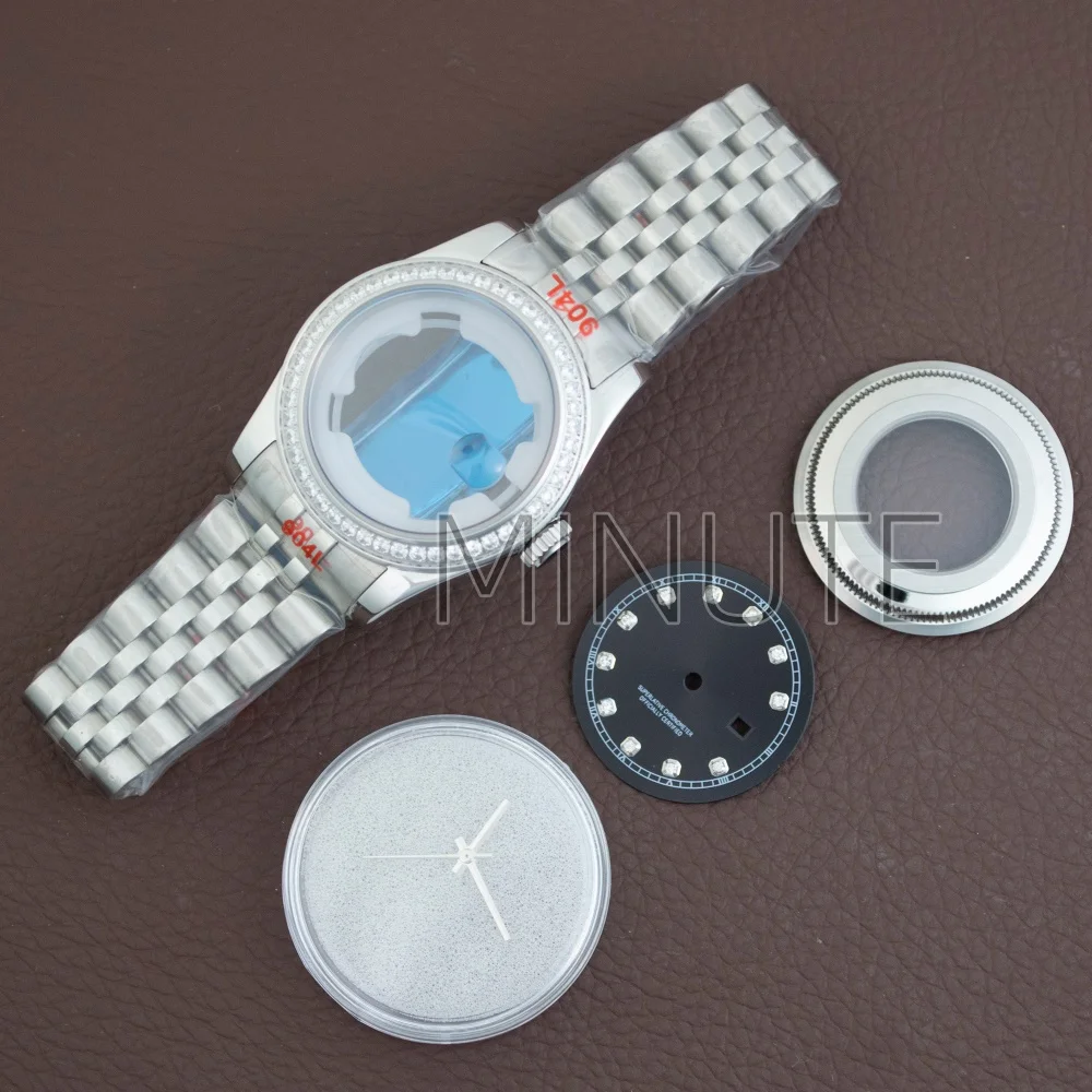 

33mm Luxury Lady's Watch Case Silver Stainless Steel Diamond Fluted Bezel Waterproof 24.5mm Dial for Datejust NH05 NH06 Movement